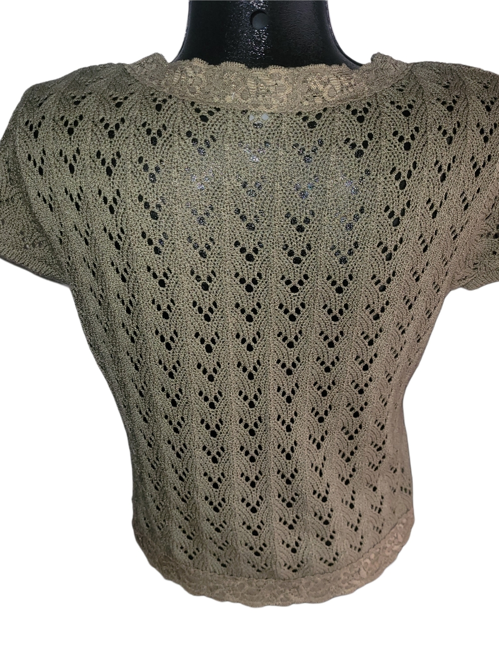 Vintage 90's Taupe-Olive Open Knit Tie-Front Short Sleeve Bolero Top Size M - Picture 5 of 6